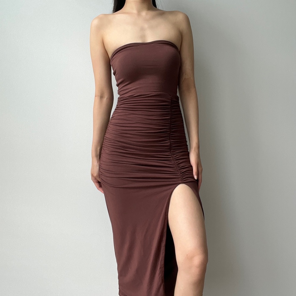 Klassy Network Brown Tube Top Brami Ruched Slit Midi Vacation Summer Dress XXS